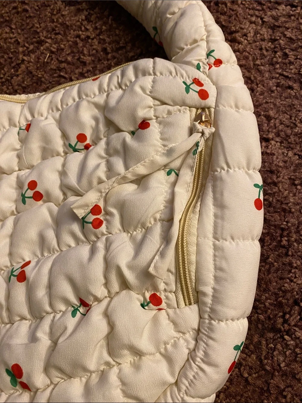 Cream Quilted Cherry-Print Shoulder Bag